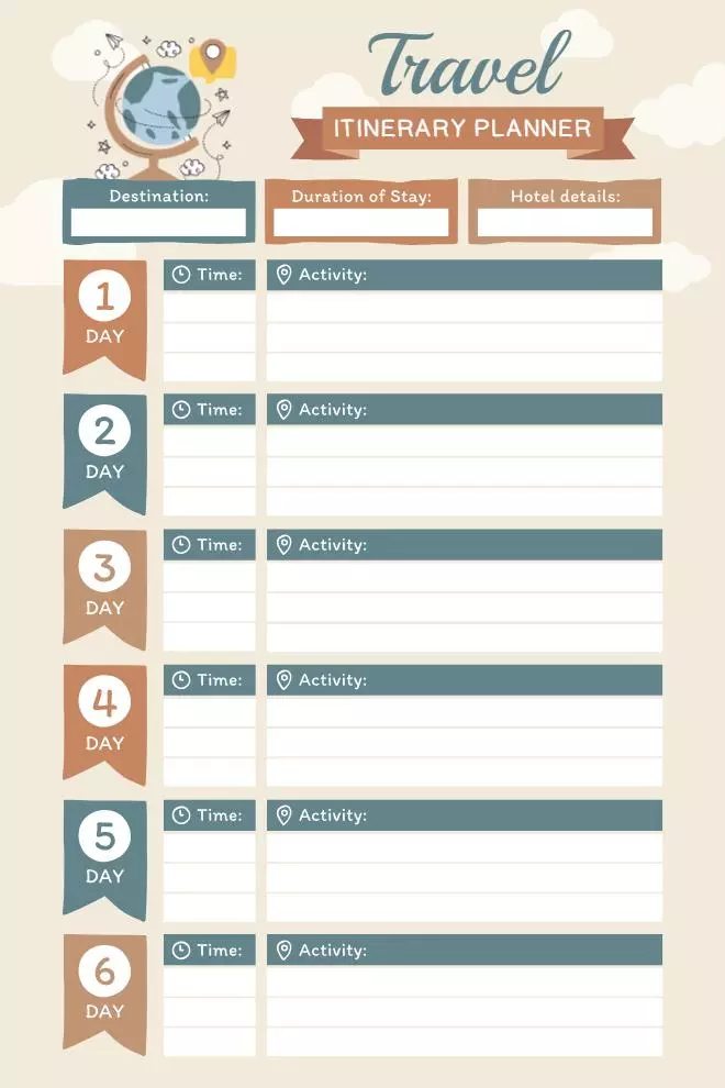 Whimsical Travel Itinerary Planner Template with Hotel Details Section