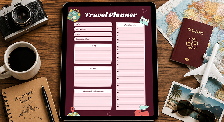 Travel planner with packing list to do and additional information sections