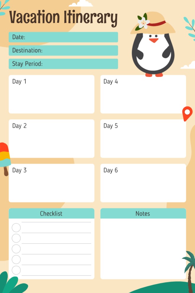 Tropical-Themed Vacation Itinerary Planner Template for Fun Trips