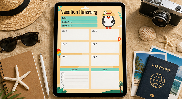 Vacation itinerary template with day wise plan and packing checklist