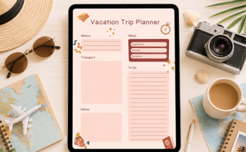Vacation trip planner with transport schedule and to do list on tablet