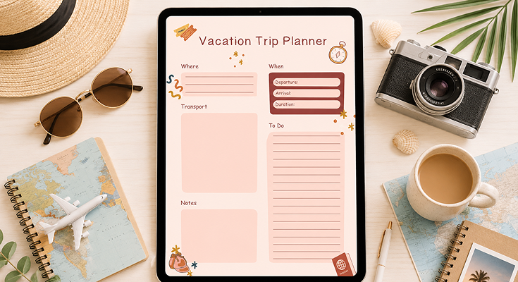 Vacation trip planner with transport schedule and to do list on tablet