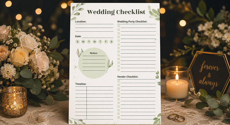 Wedding checklist with vendor list party checklist notes and timeline sections