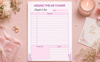 Wedding timeline planner with schedule priorities and notes section