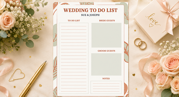 Wedding to do list template with bride and groom guest list