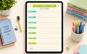 Weekly academic planner with daily schedule and notes section