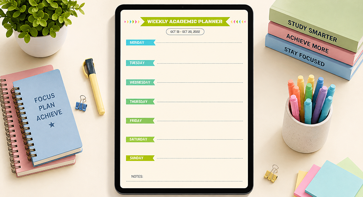 Weekly academic planner with daily schedule and notes section