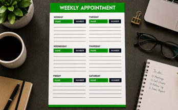 Weekly appointment planner with name and number slots by day