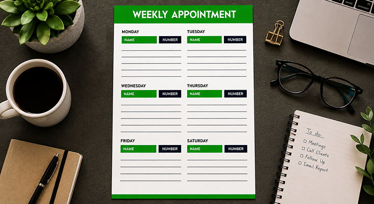 Weekly appointment planner with name and number slots by day