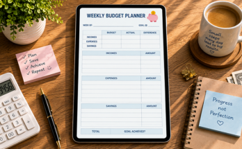 Weekly budget planner template with income, expense and savings tracker
