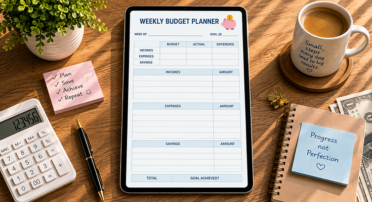 Weekly budget planner template with income, expense and savings tracker
