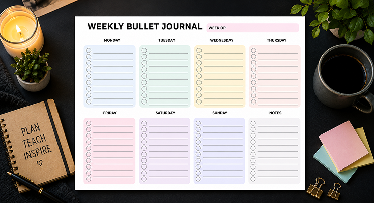Colorful weekly bullet journal template with daily task sections