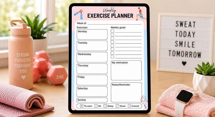 Weekly exercise planner template with daily workouts and motivation