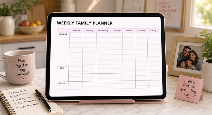 Weekly family planner template with kids schedule and dinner plan