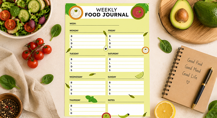 Weekly food journal template for breakfast lunch and dinner tracking
