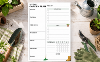 Weekly garden plan template with task list and water log tracker