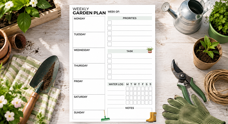 Weekly garden plan template with task list and water log tracker