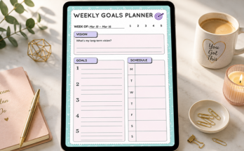 Weekly goals planner template with vision and daily schedule