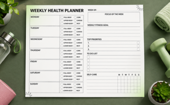 Weekly health planner with daily workout tracker and self-care chart