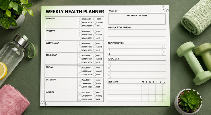 Weekly health planner with daily workout tracker and self-care chart