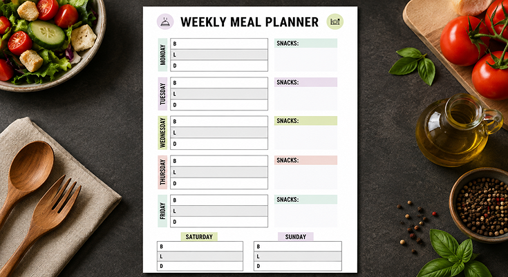 Weekly meal planner template with breakfast lunch dinner and snacks