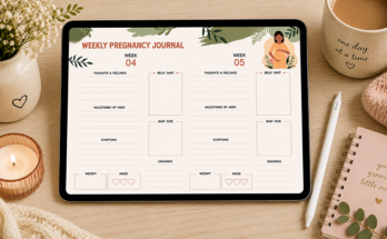 Weekly pregnancy journal template with belly shot and milestones