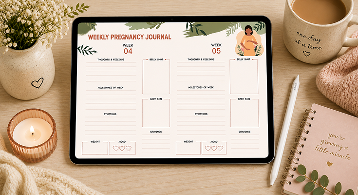 Weekly pregnancy journal template with belly shot and milestones
