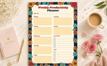 Weekly productivity planner with daily boxes top priority and task list