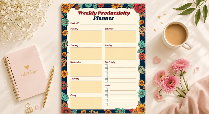 Weekly productivity planner with daily boxes top priority and task list