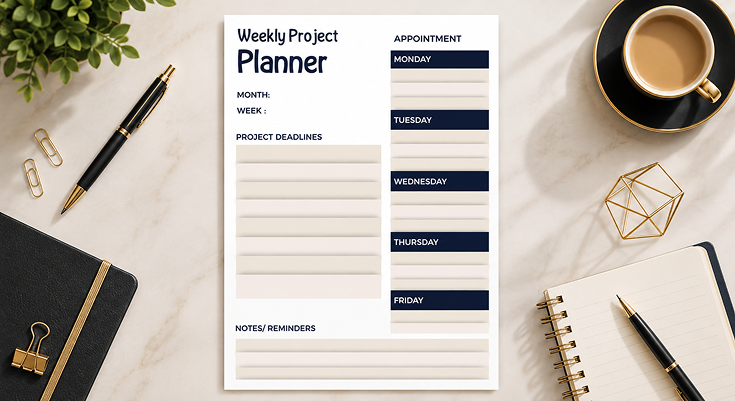 Weekly project planner with deadlines appointments and notes reminders