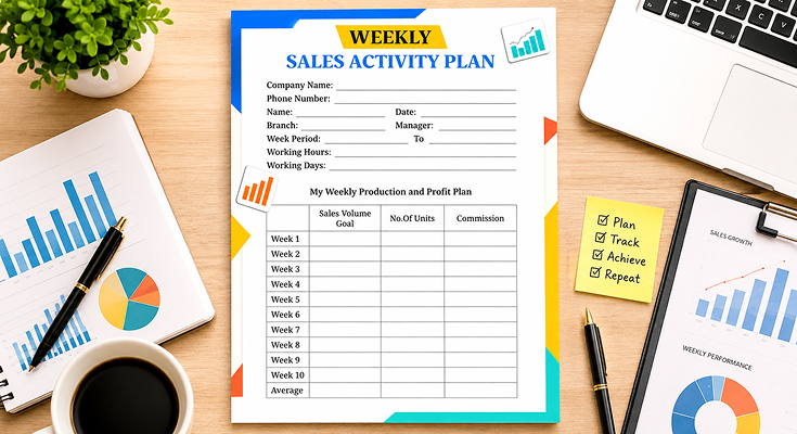 Weekly sales activity plan template with volume goal and commission