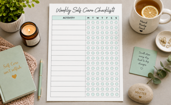 Weekly self care checklist template with daily activity tracker