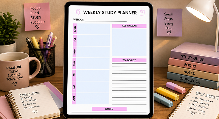 Weekly study planner template with assignment and to-do list