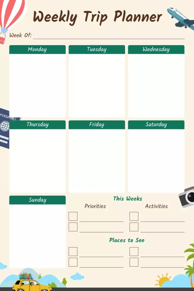 Playful Weekly Trip Planner Template with Priorities and Activities Section