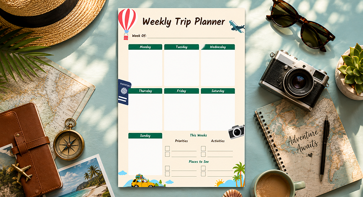 Weekly trip planner with daily boxes priorities and places to see