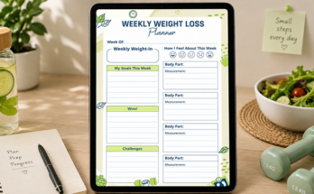 Weekly weight loss planner template with goals and body measurements
