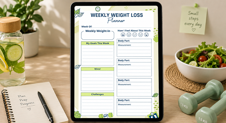 Weekly weight loss planner template with goals and body measurements