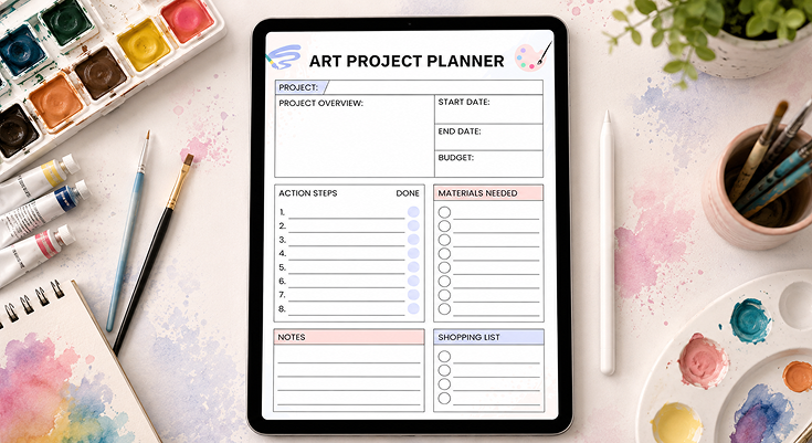 Art project planner template with action steps and materials list