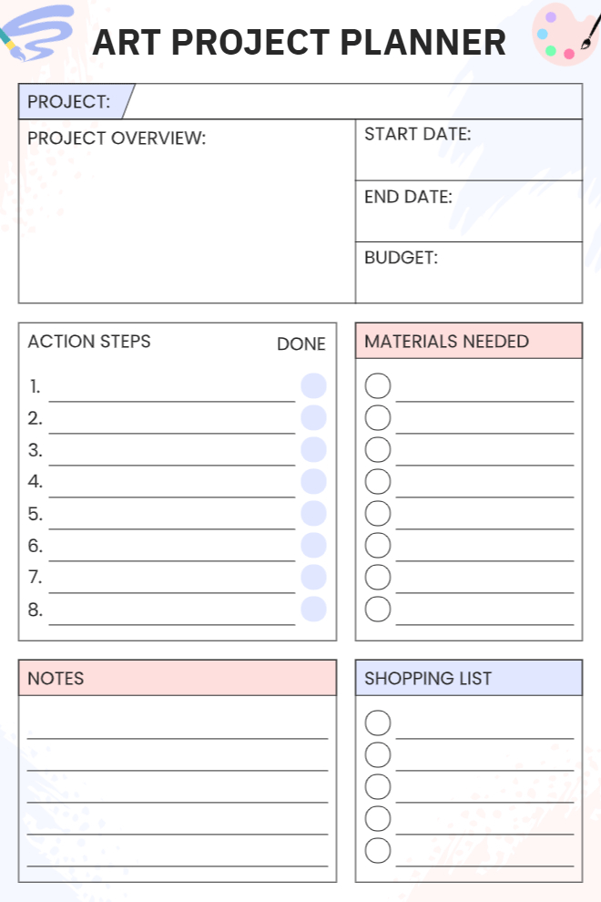 Art Project Planner Template for Artists to Stay Organized & Inspired