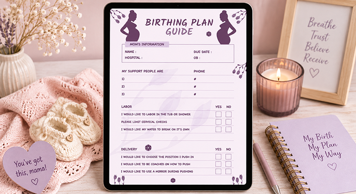 Birthing plan guide covering labor delivery preferences and support people