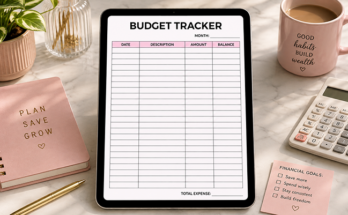 Budget tracker planner template on tablet with monthly expense table