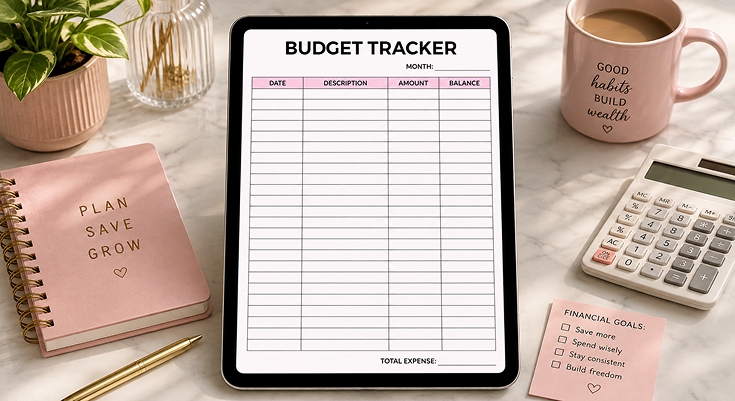 Budget tracker planner template on tablet with monthly expense table