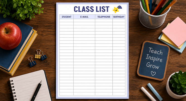 Class list template with student email phone and birthday columns