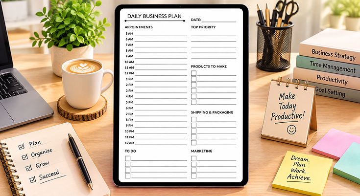 Daily business plan with hourly appointments products to make and marketing tasks