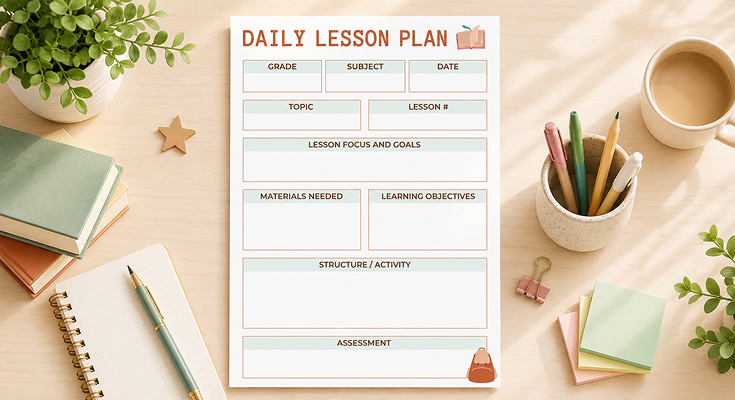 Daily lesson plan with topic materials objectives and assessment sections