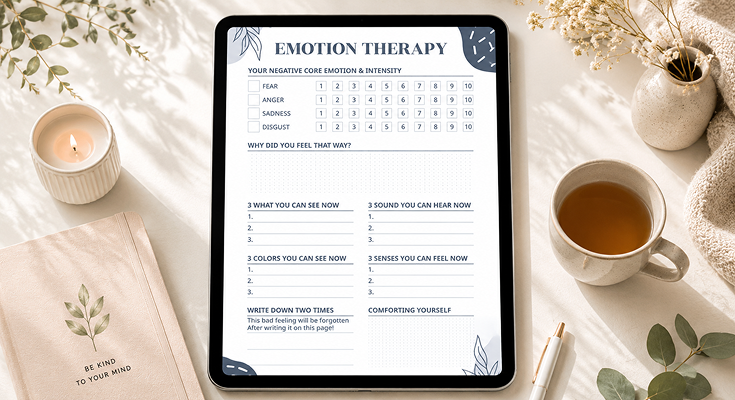Emotion therapy worksheet tracking core emotions intensity and coping steps