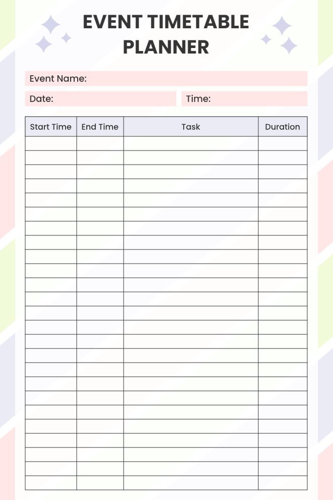 Event Timetable Organization Planner With Detailed Schedule and Time Slots