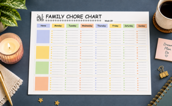 Weekly family chore chart template for multiple family members