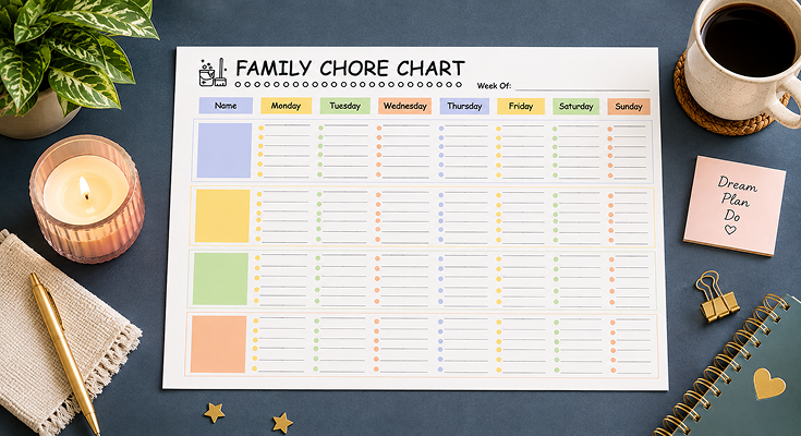 Weekly family chore chart template for multiple family members
