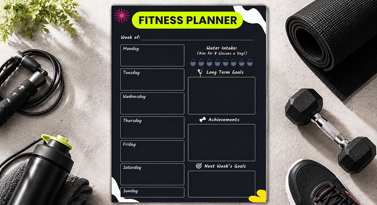 Fitness planner tracking daily workouts water intake and weekly goals